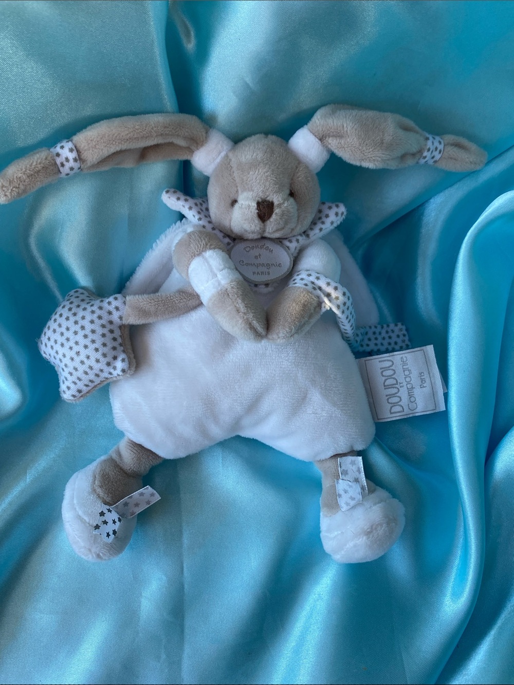 Doudou et Compagnie Beige & White Bunny Lovey Security Blanket Plush